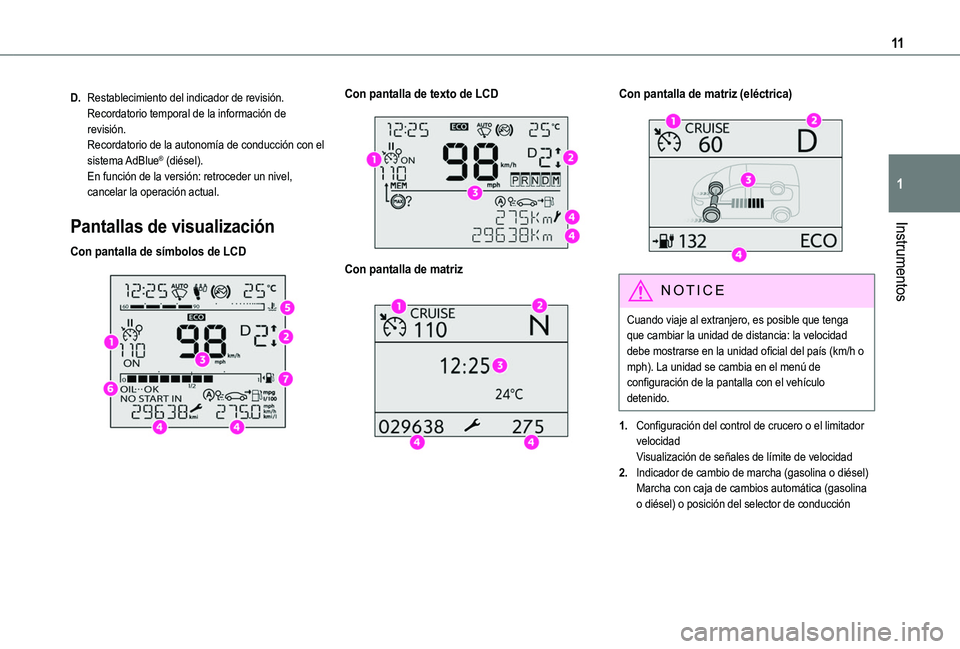 TOYOTA PROACE CITY EV 2021  Manuale de Empleo (in Spanish) 11
Instrumentos
1
D.Restablecimiento del indicador de revisión.Recordatorio temporal de la información de revisión.Recordatorio de la autonomía de conducción con el sistema AdBlue® (diésel).En 
