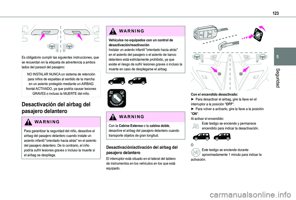 TOYOTA PROACE CITY EV 2021  Manuale de Empleo (in Spanish) 123
Seguridad
5 
Es obligatorio cumplir las siguientes instrucciones, que se recuerdan en la etiqueta de advertencia a ambos lados del parasol del pasajero:
NO INSTALAR NUNCA un sistema de retención 