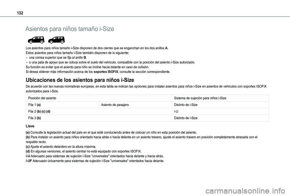 TOYOTA PROACE CITY EV 2021 Manuale de Empleo (in Spanish) 132
Asientos para niños tamaño i-Size
Los asientos para niños tamaño i-Size disponen de dos cierres que \
se enganchan en los dos anillos A.Estos asientos para niños tamaño i-Size también di TOYOTA PROACE CITY EV 2021 Manuale de Empleo (in Spanish) 132
Asientos para niños tamaño i-Size
Los asientos para niños tamaño i-Size disponen de dos cierres que \
se enganchan en los dos anillos A.Estos asientos para niños tamaño i-Size también di
