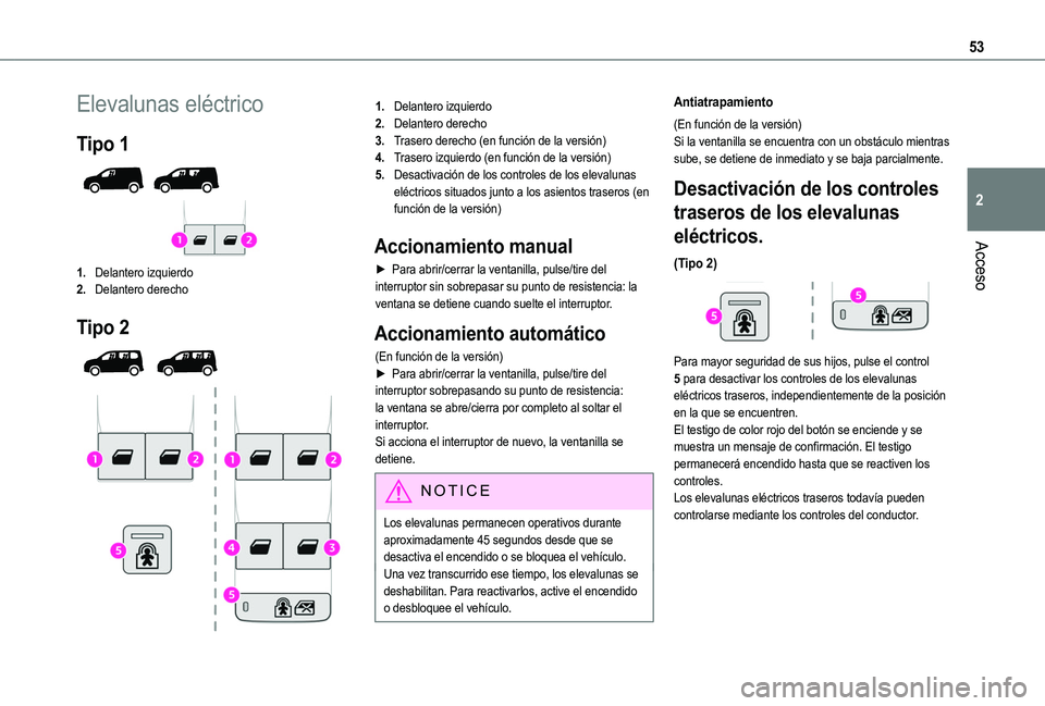 TOYOTA PROACE CITY EV 2021 Manuale de Empleo (in Spanish) 53
Acceso
2
Elevalunas eléctrico
Tipo 1
1.Delantero izquierdo
2.Delantero derecho
Tipo 2
1.Delantero izquierdo
2.Delantero derecho
3.Trasero derecho (en función de la versión)
4.Trasero izqui TOYOTA PROACE CITY EV 2021 Manuale de Empleo (in Spanish) 53
Acceso
2
Elevalunas eléctrico
Tipo 1
1.Delantero izquierdo
2.Delantero derecho
Tipo 2
1.Delantero izquierdo
2.Delantero derecho
3.Trasero derecho (en función de la versión)
4.Trasero izqui