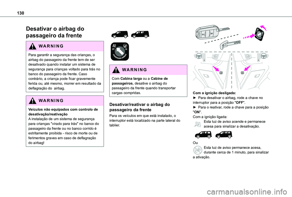 TOYOTA PROACE CITY EV 2021 Manual de utilização (in Portuguese) 130
Desativar o airbag do
passageiro da frente
WARNI NG
Para garantir a segurança das crianças, o airbag do passageiro da frente tem de ser desativado quando instalar um sistema de segurança para TOYOTA PROACE CITY EV 2021 Manual de utilização (in Portuguese) 130
Desativar o airbag do
passageiro da frente
WARNI NG
Para garantir a segurança das crianças, o airbag do passageiro da frente tem de ser desativado quando instalar um sistema de segurança para