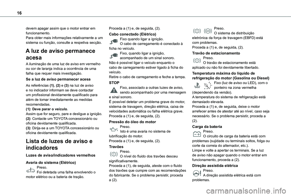 TOYOTA PROACE CITY EV 2021  Manual de utilização (in Portuguese) 16
devem apagar assim que o motor entrar em funcionamento.Para obter mais informações relativamente a um sistema ou função, consulte a respetiva secção.
A luz de aviso permanece 
acesa
A ilumina