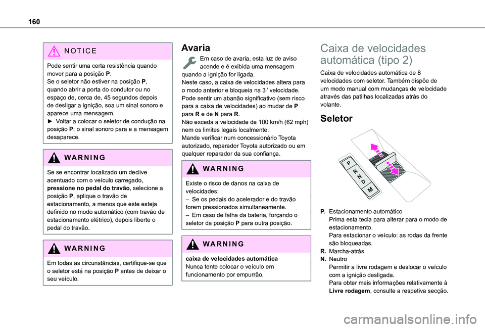TOYOTA PROACE CITY EV 2021  Manual de utilização (in Portuguese) 160
NOTIC E
Pode sentir uma certa resistência quando mover para a posição P.Se o seletor não estiver na posição P, quando abrir a porta do condutor ou no espaço de, cerca de, 45 segundos depois
