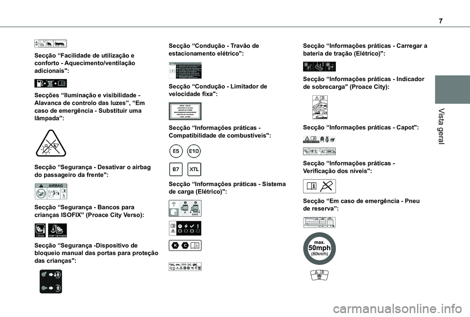 TOYOTA PROACE CITY EV 2021  Manual de utilização (in Portuguese) 7
Vista geral
 
Secção “Facilidade de utilização e conforto - Aquecimento/ventilação adicionais": 
 
Secções “Iluminação e visibilidade - Alavanca de controlo das luzes”, “Em cas