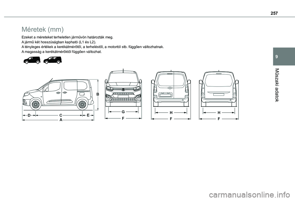 TOYOTA PROACE CITY EV 2021  Kezelési útmutató (in Hungarian) 257
Műszaki adatok
9
Méretek (mm)
Ezeket a méreteket terheletlen járművön határozták meg.A jármű két hosszúságban kapható (L1 és L2).A tényleges értékek a kerékátmérőtől, a terh