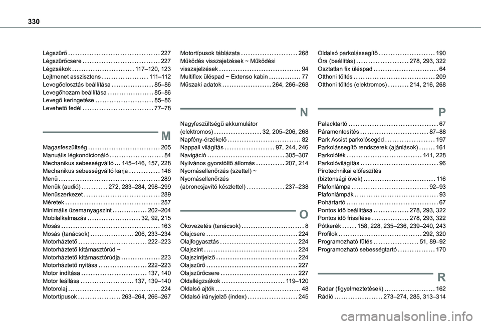 TOYOTA PROACE CITY EV 2021 Kezelési útmutató (in Hungarian) 330
Légszűrő 227Légszűrőcsere 227Légzsákok 11 7–120, 123Lejtmenet asszisztens 111–11 2Levegőelosztás beállítása 85–86Levegőhozam beállítása 85–86Levegő keringeté TOYOTA PROACE CITY EV 2021 Kezelési útmutató (in Hungarian) 330
Légszűrő 227Légszűrőcsere 227Légzsákok 11 7–120, 123Lejtmenet asszisztens 111–11 2Levegőelosztás beállítása 85–86Levegőhozam beállítása 85–86Levegő keringeté