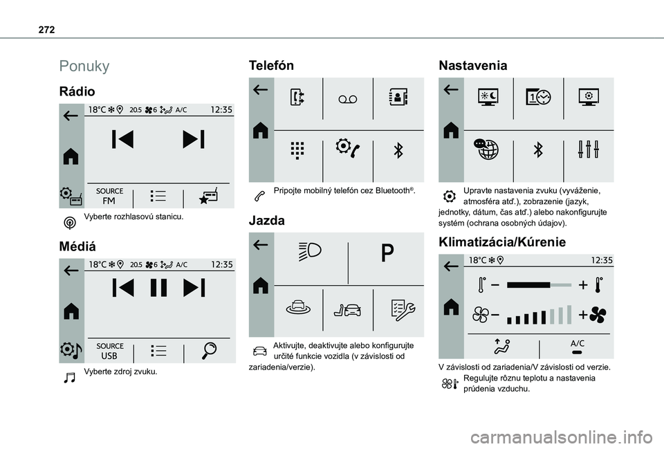 TOYOTA PROACE CITY EV 2021  Návod na použitie (in Slovakian) 272
Ponuky
Rádio 
 
Vyberte rozhlasovú stanicu. 
Médiá 
 
Vyberte zdroj zvuku. 
Telefón 
 
Pripojte mobilný telefón cez Bluetooth®. 
Jazda 
 
Aktivujte, deaktivujte alebo konfigurujte určité