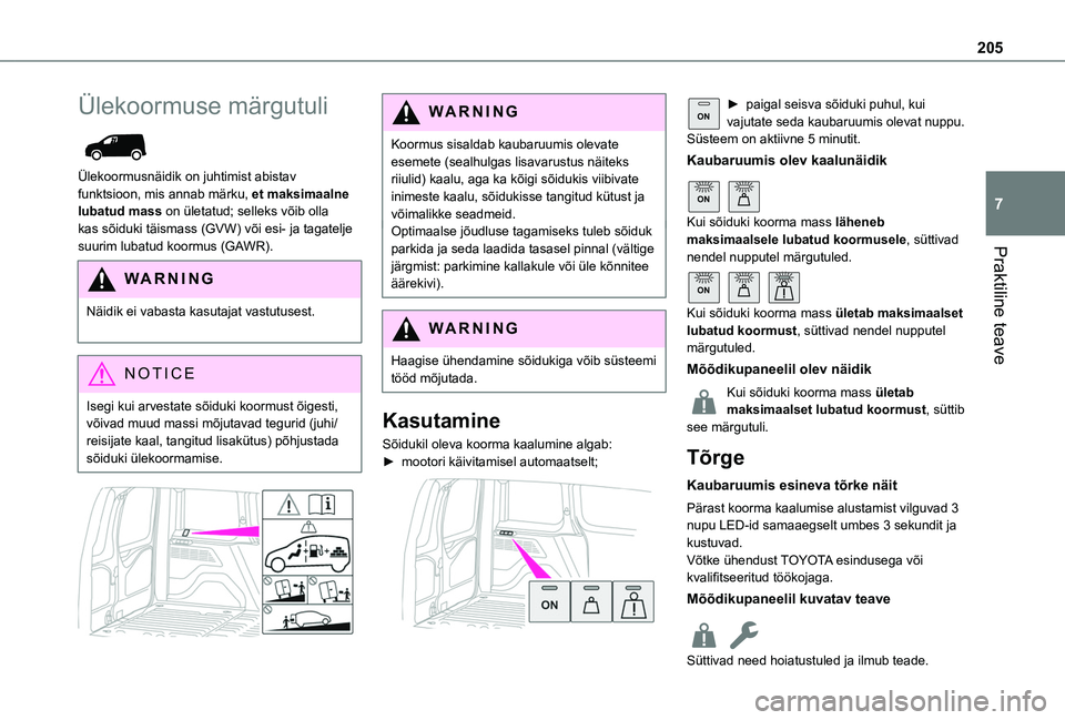 TOYOTA PROACE CITY EV 2021 Kasutusjuhend (in Estonian) 205
Praktiline teave
7
Ülekoormuse märgutuli
Ülekoormusnäidik on juhtimist abistav funktsioon, mis annab märku, et maksimaalne lubatud mass on ületatud; selleks võib olla kas sõiduki täism TOYOTA PROACE CITY EV 2021 Kasutusjuhend (in Estonian) 205
Praktiline teave
7
Ülekoormuse märgutuli
Ülekoormusnäidik on juhtimist abistav funktsioon, mis annab märku, et maksimaalne lubatud mass on ületatud; selleks võib olla kas sõiduki täism