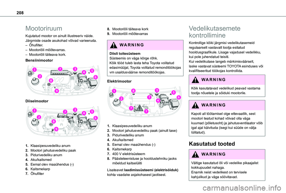 TOYOTA PROACE CITY EV 2021 Kasutusjuhend (in Estonian) 208
Mootoriruum
Kujutatud mootor on ainult illustreeriv näide.Järgmiste osade asukohad võivad varieeruda.– Õhufilter.– Mootoriõli mõõtevarras.– Mootoriõli täiteava kork.
Bensiinimootor TOYOTA PROACE CITY EV 2021 Kasutusjuhend (in Estonian) 208
Mootoriruum
Kujutatud mootor on ainult illustreeriv näide.Järgmiste osade asukohad võivad varieeruda.– Õhufilter.– Mootoriõli mõõtevarras.– Mootoriõli täiteava kork.
Bensiinimootor