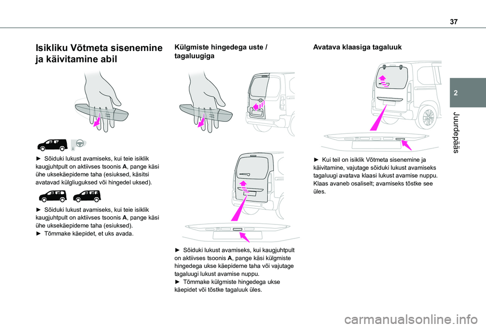 TOYOTA PROACE CITY EV 2021  Kasutusjuhend (in Estonian) 37
Juurdepääs
2
Isikliku Võtmeta sisenemine 
ja käivitamine abil 
  
 
► Sõiduki lukust avamiseks, kui teie isiklik kaugjuhtpult on aktiivses tsoonis A, pange käsi ühe uksekäepideme taha (es