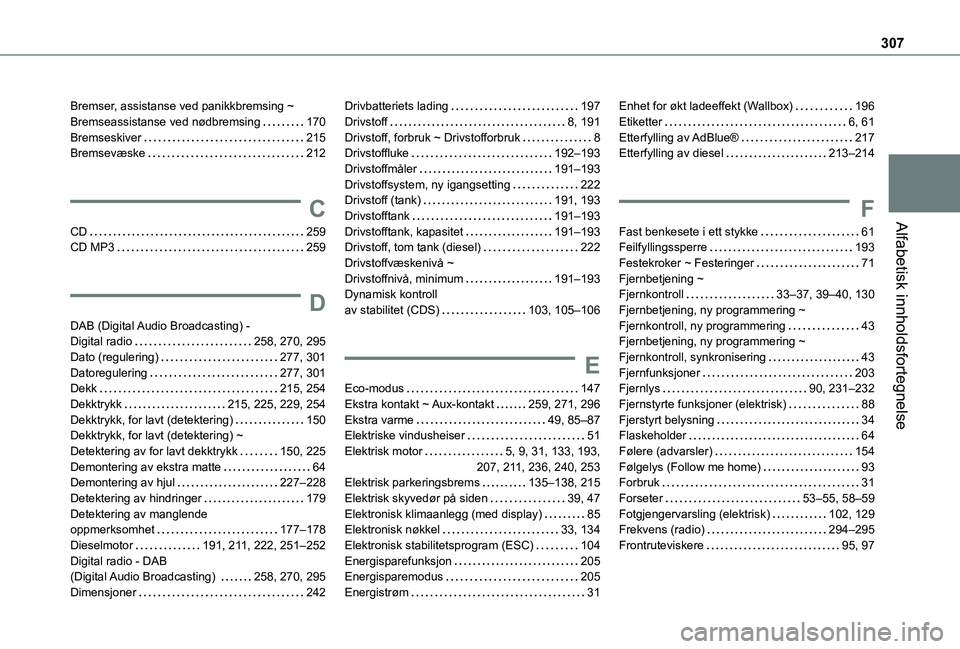 TOYOTA PROACE CITY EV 2021 Instruksjoner for bruk (in Norwegian) 307
Alfabetisk innholdsfortegnelse
Bremser, assistanse ved panikkbremsing ~ Bremseassistanse ved nødbremsing 170Bremseskiver 215Bremsevæske 212
C
CD 259CD MP3 259
D
DAB (Digital Audio Broa TOYOTA PROACE CITY EV 2021 Instruksjoner for bruk (in Norwegian) 307
Alfabetisk innholdsfortegnelse
Bremser, assistanse ved panikkbremsing ~ Bremseassistanse ved nødbremsing 170Bremseskiver 215Bremsevæske 212
C
CD 259CD MP3 259
D
DAB (Digital Audio Broa