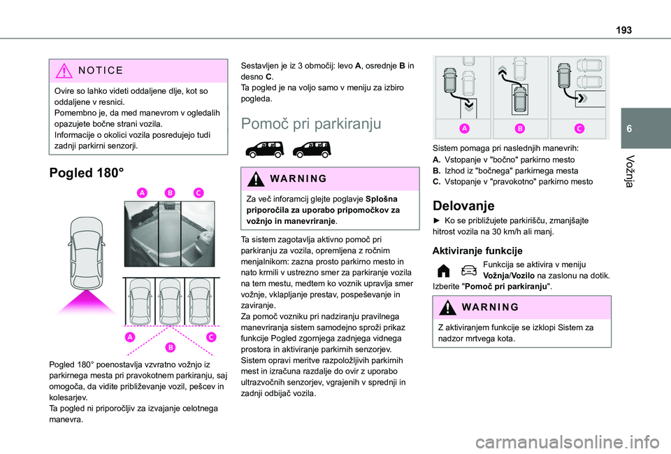 TOYOTA PROACE CITY EV 2021  Navodila Za Uporabo (in Slovenian) 193
Vožnja
6
NOTIC E
Ovire so lahko videti oddaljene dlje, kot so oddaljene v resnici.Pomembno je, da med manevrom v ogledalih opazujete bočne strani vozila.Informacije o okolici vozila posredujejo 