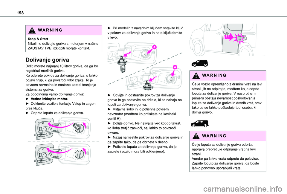 TOYOTA PROACE CITY EV 2021  Navodila Za Uporabo (in Slovenian) 198
WARNI NG
Stop & StartNikoli ne dolivajte goriva z motorjem v načinu ZAUSTAVITVE; izklopiti morate kontakt.
Dolivanje goriva
Doliti morate najmanj 10 litrov goriva, da ga bo registriral merilnik g