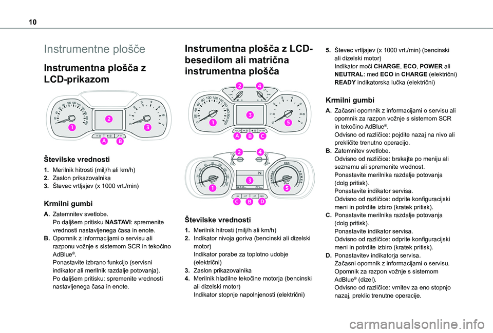 TOYOTA PROACE CITY EV 2021  Navodila Za Uporabo (in Slovenian) 10
Instrumentne plošče
Instrumentna plošča z 
LCD-prikazom 
 
Številske vrednosti
1.Merilnik hitrosti (milj/h ali km/h)
2.Zaslon prikazovalnika
3.Števec vrtljajev (x 1000 vrt./min)
Krmilni gumbi