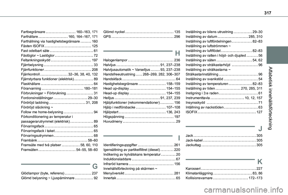 TOYOTA PROACE CITY EV 2021 Bruksanvisningar (in Swedish) 317
Alfabetisk innehållsförteckning
Fartbegränsare 160–163, 171Farthållare 160, 164–167, 171Farthållning via hastighetsbegränsare 160Fästen ISOFIX 125Fast odelbart säte 61Fästö TOYOTA PROACE CITY EV 2021 Bruksanvisningar (in Swedish) 317
Alfabetisk innehållsförteckning
Fartbegränsare 160–163, 171Farthållare 160, 164–167, 171Farthållning via hastighetsbegränsare 160Fästen ISOFIX 125Fast odelbart säte 61Fästö