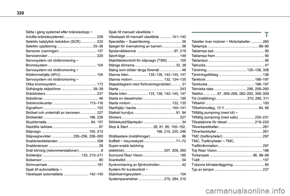 TOYOTA PROACE CITY EV 2021 Bruksanvisningar (in Swedish) 320
Sätta i gång systemet efter bränslestopp ~ Avlufta bränslesystemet 228Selektiv katalytisk reduktion (SCR) 222Selektiv upplåsning 35–36Sensorer (varningar) 157Servicenivåer 220Ser TOYOTA PROACE CITY EV 2021 Bruksanvisningar (in Swedish) 320
Sätta i gång systemet efter bränslestopp ~ Avlufta bränslesystemet 228Selektiv katalytisk reduktion (SCR) 222Selektiv upplåsning 35–36Sensorer (varningar) 157Servicenivåer 220Ser