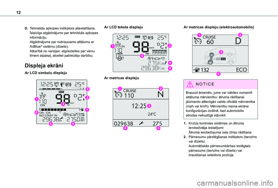 TOYOTA PROACE CITY EV 2021  Lietošanas Instrukcija (in Latvian) 12
D.Tehniskās apkopes indikatora atiestatīšana.Īslaicīgs atgādinājums par tehniskās apkopes informāciju.Atgādinājums par nobraucamo attālumu ar AdBlue® sistēmu (dīzelis).Atkarībā no 