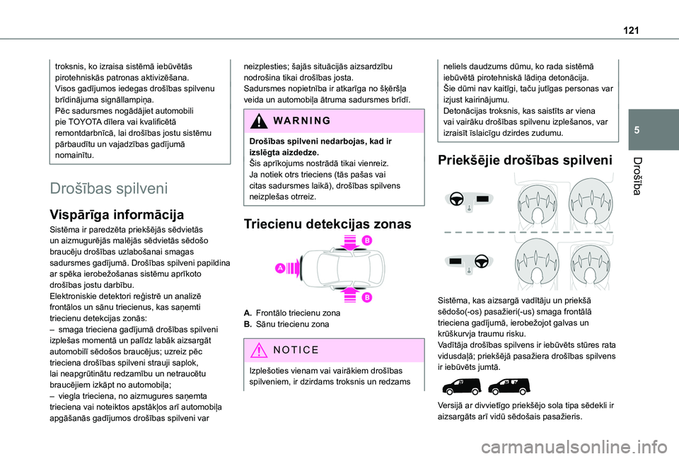 TOYOTA PROACE CITY EV 2021 Lietošanas Instrukcija (in Latvian) 121
Drošība
5
troksnis, ko izraisa sistēmā iebūvētās pirotehniskās patronas aktivizēšana.Visos gadījumos iedegas drošības spilvenu brīdinājuma signāllampiņa.Pēc sadursmes nogādājie TOYOTA PROACE CITY EV 2021 Lietošanas Instrukcija (in Latvian) 121
Drošība
5
troksnis, ko izraisa sistēmā iebūvētās pirotehniskās patronas aktivizēšana.Visos gadījumos iedegas drošības spilvenu brīdinājuma signāllampiņa.Pēc sadursmes nogādājie