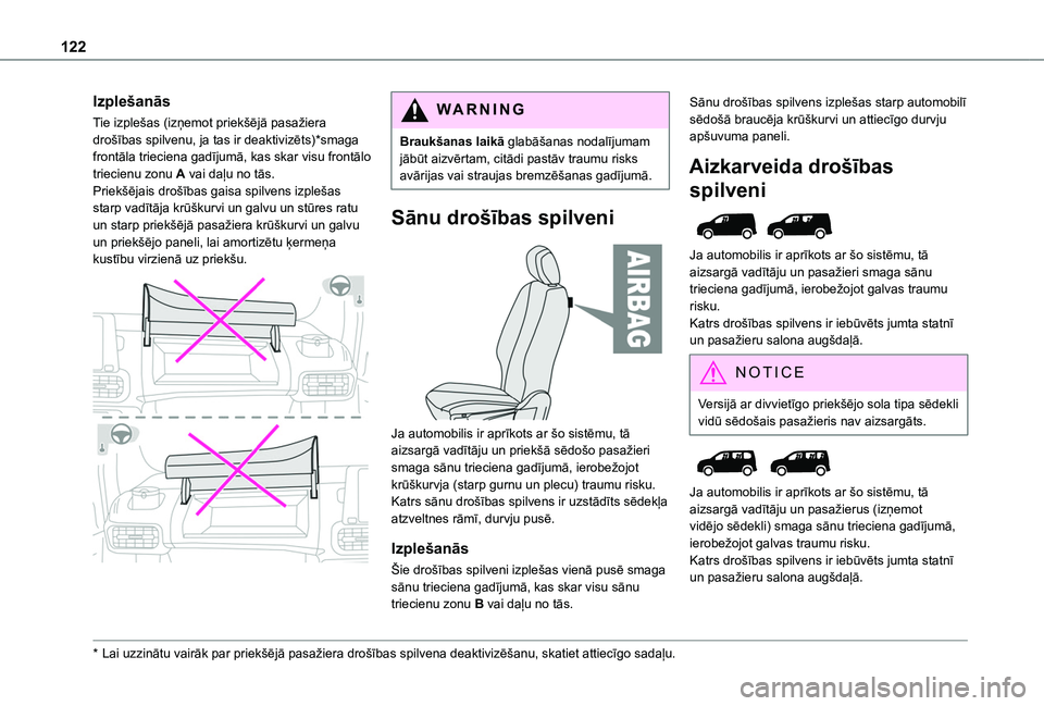 TOYOTA PROACE CITY EV 2021 Lietošanas Instrukcija (in Latvian) 122
Izplešanās
Tie izplešas (izņemot priekšējā pasažiera drošības spilvenu, ja tas ir deaktivizēts)*smaga frontāla trieciena gadījumā, kas skar visu frontālo triecienu zonu A vai daļu TOYOTA PROACE CITY EV 2021 Lietošanas Instrukcija (in Latvian) 122
Izplešanās
Tie izplešas (izņemot priekšējā pasažiera drošības spilvenu, ja tas ir deaktivizēts)*smaga frontāla trieciena gadījumā, kas skar visu frontālo triecienu zonu A vai daļu