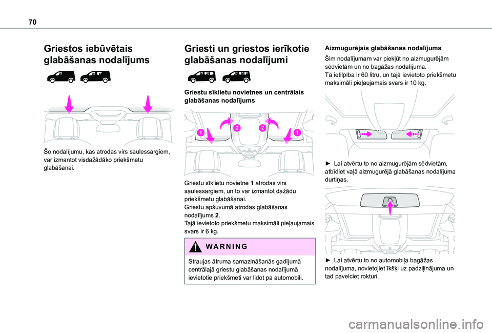 TOYOTA PROACE CITY EV 2021 Lietošanas Instrukcija (in Latvian) 70
Griestos iebūvētais
glabāšanas nodalījums
Šo nodalījumu, kas atrodas virs saulessargiem, var izmantot visdažādāko priekšmetu glabāšanai.
Griesti un griestos ierīkotie
glabāš TOYOTA PROACE CITY EV 2021 Lietošanas Instrukcija (in Latvian) 70
Griestos iebūvētais
glabāšanas nodalījums
Šo nodalījumu, kas atrodas virs saulessargiem, var izmantot visdažādāko priekšmetu glabāšanai.
Griesti un griestos ierīkotie
glabāš