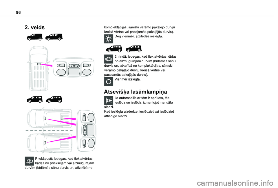 TOYOTA PROACE CITY EV 2021  Lietošanas Instrukcija (in Latvian) 96
2. veids 
  
  
  
 
Priekšpusē: iedegas, kad tiek atvērtas kādas no priekšējām vai aizmugurējām durvīm (bīdāmās sānu durvis un, atkarībā no 
komplektācijas, sāniski veramo pakaļ