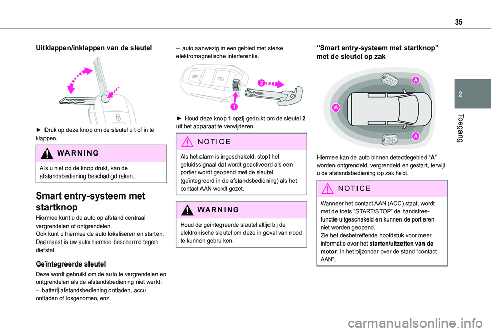 TOYOTA PROACE CITY EV 2021 Instructieboekje (in Dutch) 35
Toegang
2
Uitklappen/inklappen van de sleutel
► Druk op deze knop om de sleutel uit of in te klappen.
WARNI NG
Als u niet op de knop drukt, kan de afstandsbediening beschadigd raken.
Smart ent TOYOTA PROACE CITY EV 2021 Instructieboekje (in Dutch) 35
Toegang
2
Uitklappen/inklappen van de sleutel
► Druk op deze knop om de sleutel uit of in te klappen.
WARNI NG
Als u niet op de knop drukt, kan de afstandsbediening beschadigd raken.
Smart ent