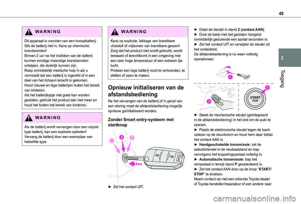 TOYOTA PROACE CITY EV 2021 Instructieboekje (in Dutch) 45
Toegang
2
WARNI NG
Dit apparaat is voorzien van een knoopbatterij.Slik de batterij niet in. Kans op chemische brandwonden!Binnen 2 uur na het inslikken van de batterij kunnen ernstige inwendige bra TOYOTA PROACE CITY EV 2021 Instructieboekje (in Dutch) 45
Toegang
2
WARNI NG
Dit apparaat is voorzien van een knoopbatterij.Slik de batterij niet in. Kans op chemische brandwonden!Binnen 2 uur na het inslikken van de batterij kunnen ernstige inwendige bra