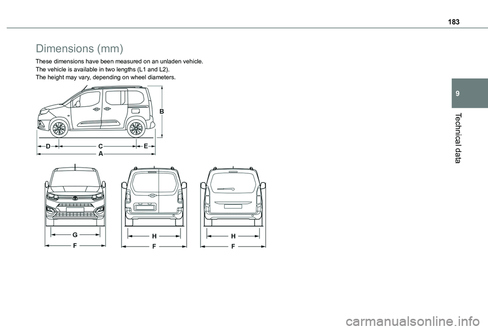 TOYOTA PROACE CITY VERSO 2020  Owners Manual 183
Technical data
9
Dimensions (mm)
These dimensions have been measured on an unladen vehicle.The vehicle is available in two lengths (L1 and L2).The height may vary, depending on wheel diameters. 
 