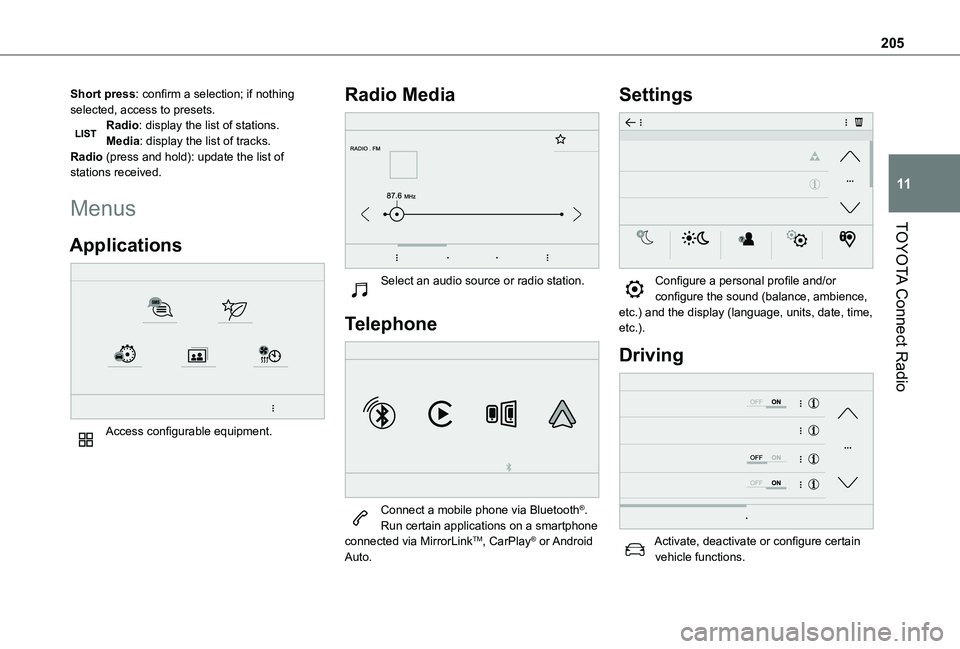 TOYOTA PROACE CITY VERSO 2020  Owners Manual 205
TOYOTA Connect Radio
11
Short press: confirm a selection; if nothing selected, access to presets.Radio: display the list of stations.Media: display the list of tracks.Radio (press and hold): updat