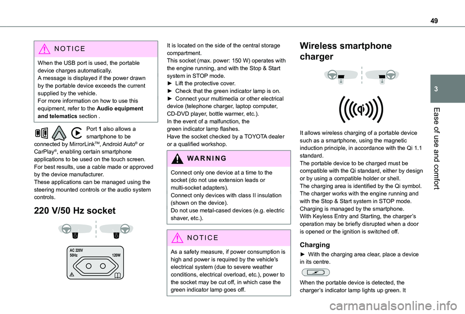 TOYOTA PROACE CITY VERSO 2020 Owners Manual 49
Ease of use and comfort
3
NOTIC E
When the USB port is used, the portable device charges automatically.A message is displayed if the power drawn by the portable device exceeds the current supplied TOYOTA PROACE CITY VERSO 2020 Owners Manual 49
Ease of use and comfort
3
NOTIC E
When the USB port is used, the portable device charges automatically.A message is displayed if the power drawn by the portable device exceeds the current supplied