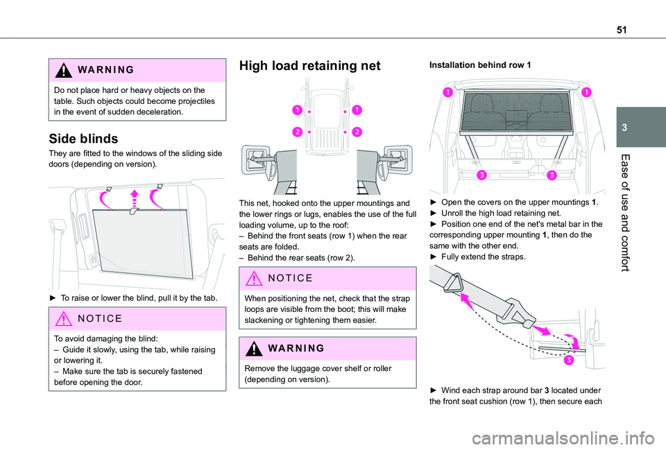 TOYOTA PROACE CITY VERSO 2020 Owners Manual 51
Ease of use and comfort
3
WARNI NG
Do not place hard or heavy objects on the table. Such objects could become projectiles in the event of sudden deceleration.
Side blinds
They are fitted to the win TOYOTA PROACE CITY VERSO 2020 Owners Manual 51
Ease of use and comfort
3
WARNI NG
Do not place hard or heavy objects on the table. Such objects could become projectiles in the event of sudden deceleration.
Side blinds
They are fitted to the win