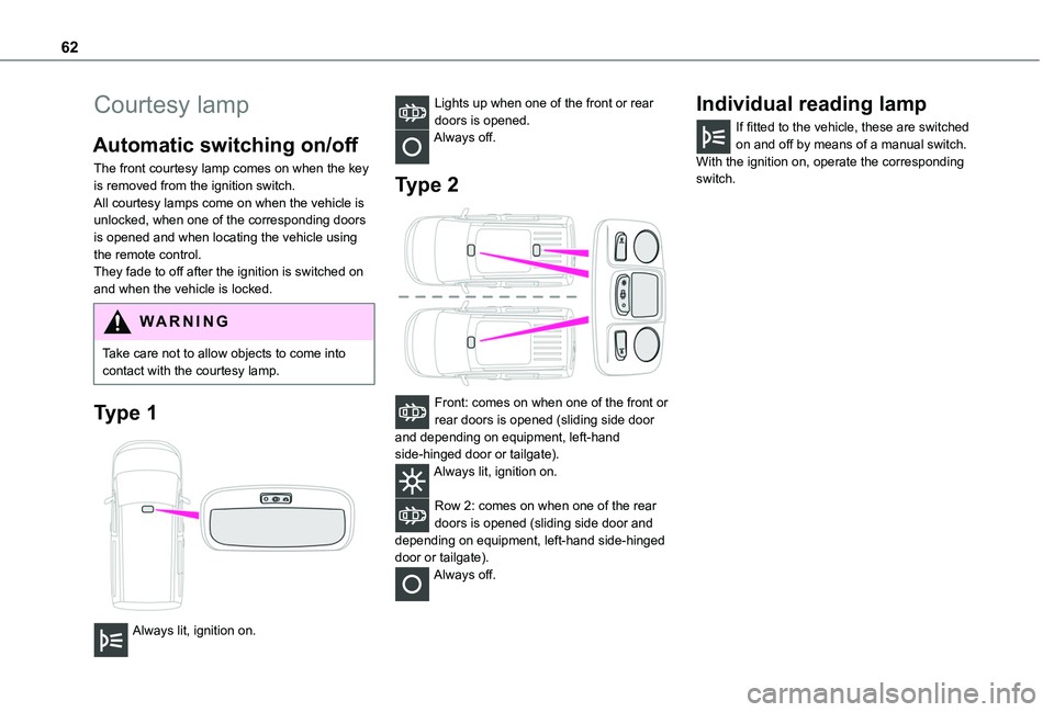 TOYOTA PROACE CITY VERSO 2020 Owners Manual 62
Courtesy lamp
Automatic switching on/off
The front courtesy lamp comes on when the key is removed from the ignition switch.All courtesy lamps come on when the vehicle is unlocked, when one of the c TOYOTA PROACE CITY VERSO 2020 Owners Manual 62
Courtesy lamp
Automatic switching on/off
The front courtesy lamp comes on when the key is removed from the ignition switch.All courtesy lamps come on when the vehicle is unlocked, when one of the c