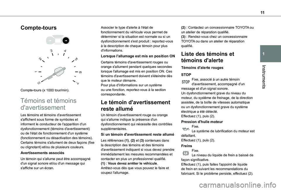 TOYOTA PROACE CITY VERSO 2020  Notices Demploi (in French) 11
Instruments
1
Compte-tours 
  
 
Compte-tours (x 1000 tour/min).
Témoins et témoins 
d'avertissement
Les témoins et témoins d'avertissement s'affichent sous forme de symboles et inf