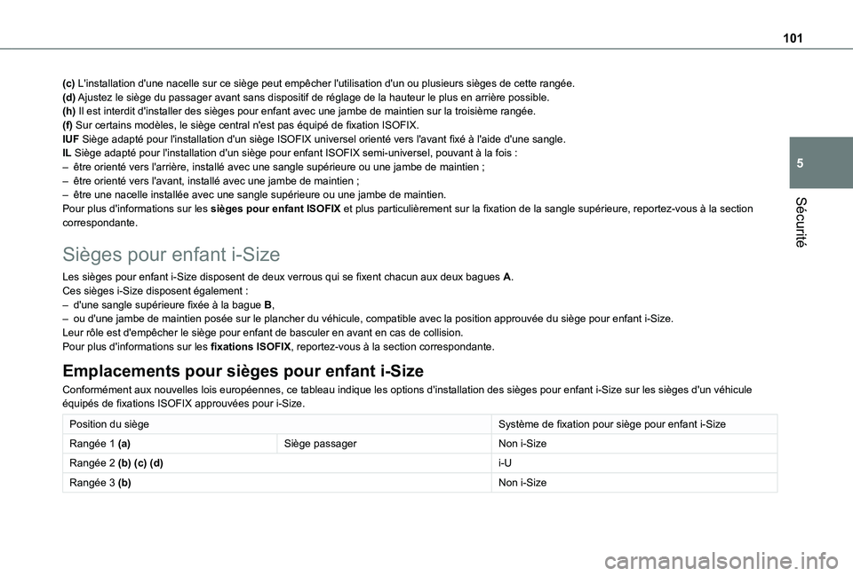 TOYOTA PROACE CITY VERSO 2020 Notices Demploi (in French) 101
Sécurité
5
(c) L'installation d'une nacelle sur ce siège peut empêcher l'utilisa\
tion d'un ou plusieurs sièges de cette rangée.(d) Ajustez le siège du passager avant sans d TOYOTA PROACE CITY VERSO 2020 Notices Demploi (in French) 101
Sécurité
5
(c) L'installation d'une nacelle sur ce siège peut empêcher l'utilisa\
tion d'un ou plusieurs sièges de cette rangée.(d) Ajustez le siège du passager avant sans d