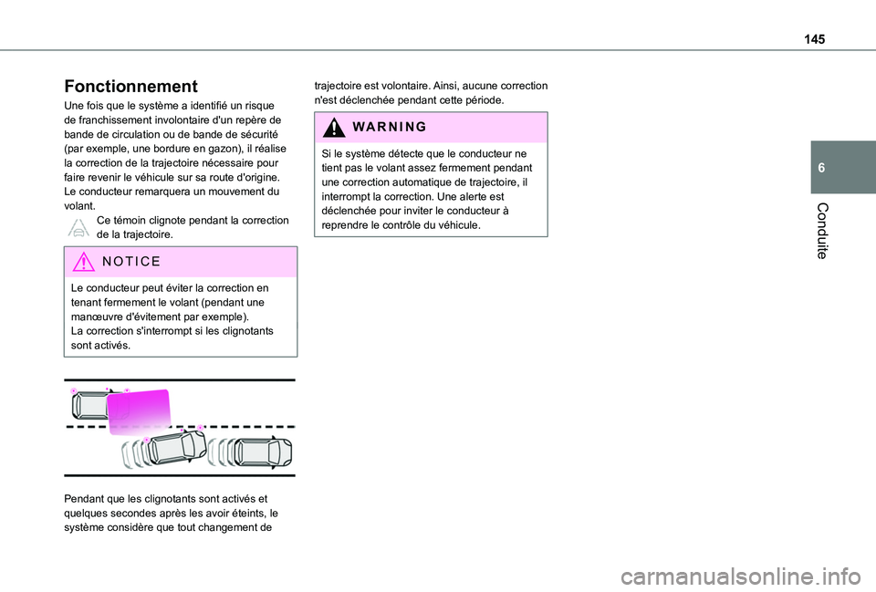TOYOTA PROACE CITY VERSO 2020 Notices Demploi (in French) 145
Conduite
6
Fonctionnement
Une fois que le système a identifié un risque de franchissement involontaire d'un repère de bande de circulation ou de bande de sécurité (par exemple, une bordur TOYOTA PROACE CITY VERSO 2020 Notices Demploi (in French) 145
Conduite
6
Fonctionnement
Une fois que le système a identifié un risque de franchissement involontaire d'un repère de bande de circulation ou de bande de sécurité (par exemple, une bordur