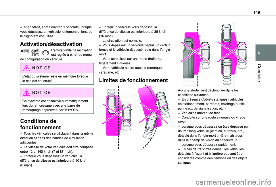TOYOTA PROACE CITY VERSO 2020 Notices Demploi (in French) 149
Conduite
6
– clignotant, après environ 1 seconde, lorsque vous dépassez un véhicule lentement et lorsque le clignotant est utilisé.
Activation/désactivation
L'activation/la désactivati TOYOTA PROACE CITY VERSO 2020 Notices Demploi (in French) 149
Conduite
6
– clignotant, après environ 1 seconde, lorsque vous dépassez un véhicule lentement et lorsque le clignotant est utilisé.
Activation/désactivation
L'activation/la désactivati