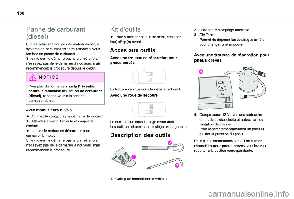 TOYOTA PROACE CITY VERSO 2020 Notices Demploi (in French) 180
Panne de carburant
(diesel)
Sur les véhicules équipés de moteur diesel, le système de carburant doit être amorcé si vous tombez en panne de carburant.Si le moteur ne démarre pas la premiè TOYOTA PROACE CITY VERSO 2020 Notices Demploi (in French) 180
Panne de carburant
(diesel)
Sur les véhicules équipés de moteur diesel, le système de carburant doit être amorcé si vous tombez en panne de carburant.Si le moteur ne démarre pas la premiè