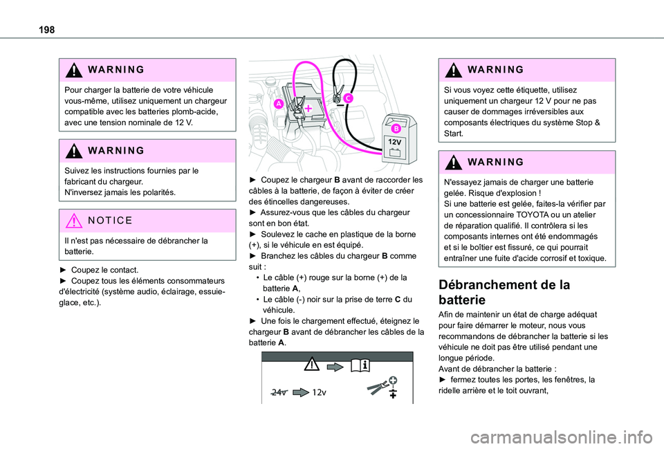 TOYOTA PROACE CITY VERSO 2020 Notices Demploi (in French) 198
WARNI NG
Pour charger la batterie de votre véhicule vous-même, utilisez uniquement un chargeur compatible avec les batteries plomb-acide, avec une tension nominale de 12 V.
WARNI NG
Suivez les i TOYOTA PROACE CITY VERSO 2020 Notices Demploi (in French) 198
WARNI NG
Pour charger la batterie de votre véhicule vous-même, utilisez uniquement un chargeur compatible avec les batteries plomb-acide, avec une tension nominale de 12 V.
WARNI NG
Suivez les i