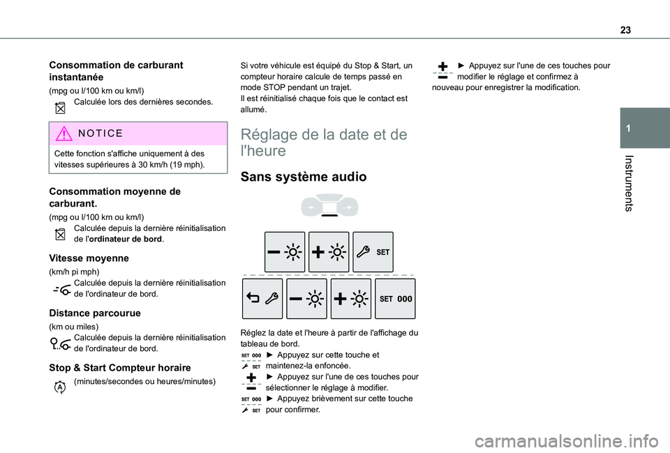 TOYOTA PROACE CITY VERSO 2020  Notices Demploi (in French) 23
Instruments
1
Consommation de carburant 
instantanée
(mpg ou l/100 km ou km/l)Calculée lors des dernières secondes. 
NOTIC E
Cette fonction s'affiche uniquement à des vitesses supérieures 