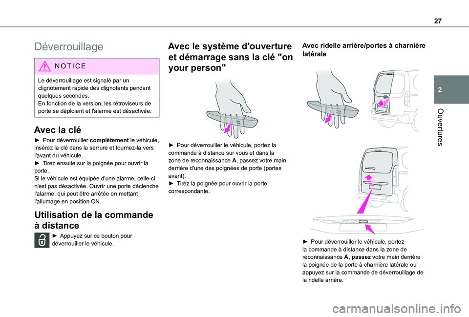 TOYOTA PROACE CITY VERSO 2020 Notices Demploi (in French) 27
Ouvertures
2
Déverrouillage
NOTIC E
Le déverrouillage est signalé par un clignotement rapide des clignotants pendant quelques secondes.En fonction de la version, les rétroviseurs de porte se d TOYOTA PROACE CITY VERSO 2020 Notices Demploi (in French) 27
Ouvertures
2
Déverrouillage
NOTIC E
Le déverrouillage est signalé par un clignotement rapide des clignotants pendant quelques secondes.En fonction de la version, les rétroviseurs de porte se d