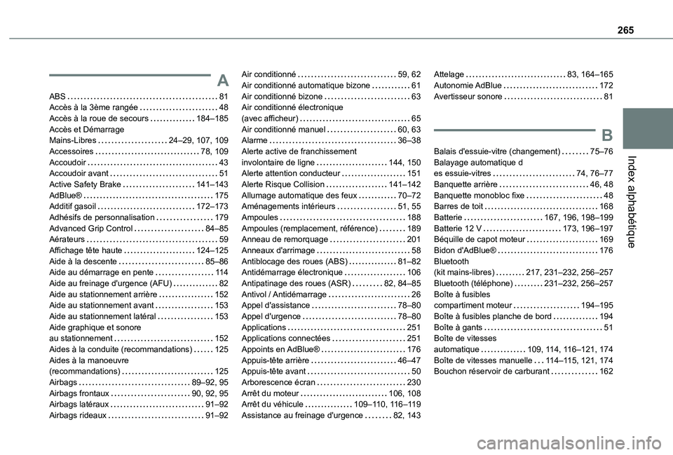 TOYOTA PROACE CITY VERSO 2020 Notices Demploi (in French) 265
Index alphabétique
A
ABS 81Accès à la 3ème rangée 48Accès à la roue de secours 184–185Accès et Démarrage Mains-Libres 24–29, 107, 109Accessoires 78, 109Accoudoir 43Accoud TOYOTA PROACE CITY VERSO 2020 Notices Demploi (in French) 265
Index alphabétique
A
ABS 81Accès à la 3ème rangée 48Accès à la roue de secours 184–185Accès et Démarrage Mains-Libres 24–29, 107, 109Accessoires 78, 109Accoudoir 43Accoud