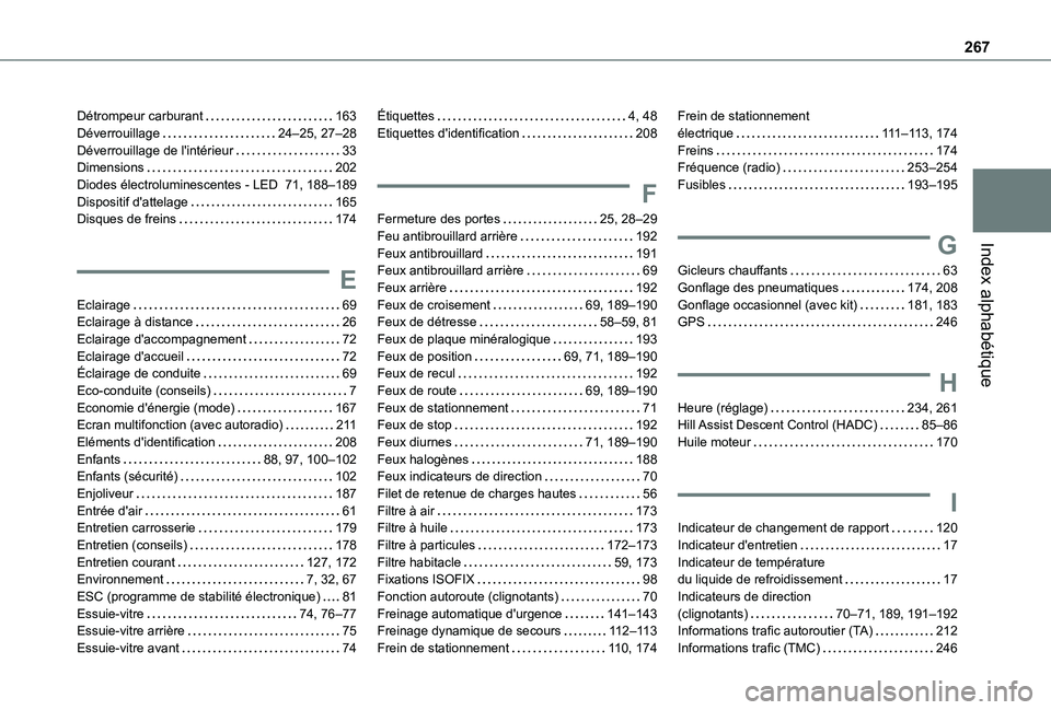 TOYOTA PROACE CITY VERSO 2020 Notices Demploi (in French) 267
Index alphabétique
Détrompeur carburant 163Déverrouillage 24–25, 27–28Déverrouillage de l'intérieur 33Dimensions 202Diodes électroluminescentes - LED 71, 188–189Dispositi TOYOTA PROACE CITY VERSO 2020 Notices Demploi (in French) 267
Index alphabétique
Détrompeur carburant 163Déverrouillage 24–25, 27–28Déverrouillage de l'intérieur 33Dimensions 202Diodes électroluminescentes - LED 71, 188–189Dispositi