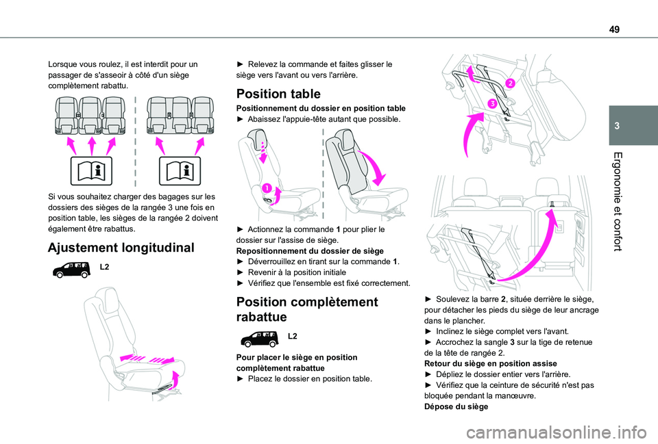 TOYOTA PROACE CITY VERSO 2020  Notices Demploi (in French) 49
Ergonomie et confort
3
Lorsque vous roulez, il est interdit pour un passager de s'asseoir à côté d'un siège complètement rabattu. 
 
Si vous souhaitez charger des bagages sur les dossi
