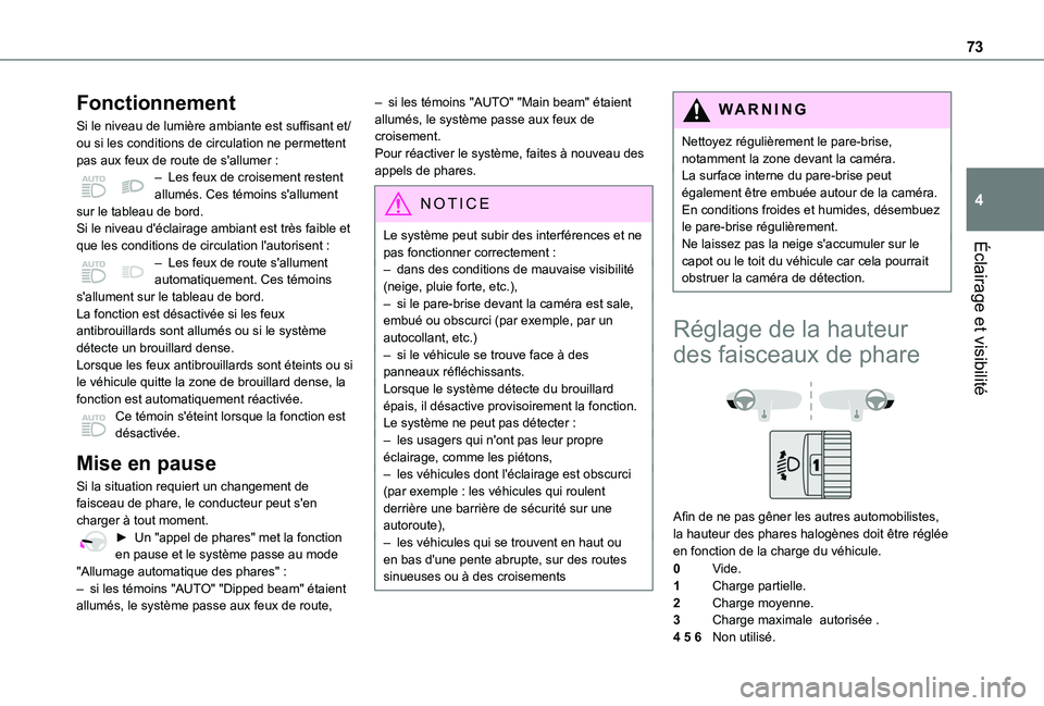 TOYOTA PROACE CITY VERSO 2020 Notices Demploi (in French) 73
Éclairage et visibilité
4
Fonctionnement
Si le niveau de lumière ambiante est suffisant et/ou si les conditions de circulation ne permettent pas aux feux de route de s'allumer :– Les feux TOYOTA PROACE CITY VERSO 2020 Notices Demploi (in French) 73
Éclairage et visibilité
4
Fonctionnement
Si le niveau de lumière ambiante est suffisant et/ou si les conditions de circulation ne permettent pas aux feux de route de s'allumer :– Les feux