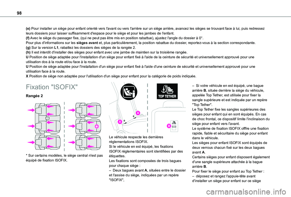 TOYOTA PROACE CITY VERSO 2020 Notices Demploi (in French) 98
(e) Pour installer un siège pour enfant orienté vers l'avant ou vers \
l'arrière sur un siège arrière, avancez les sièges se trouva\
nt face à lui, puis redressez leurs dossiers pour TOYOTA PROACE CITY VERSO 2020 Notices Demploi (in French) 98
(e) Pour installer un siège pour enfant orienté vers l'avant ou vers \
l'arrière sur un siège arrière, avancez les sièges se trouva\
nt face à lui, puis redressez leurs dossiers pour