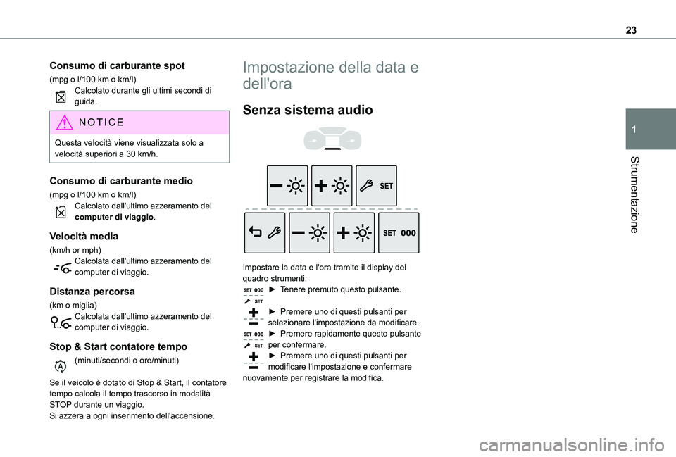 TOYOTA PROACE CITY VERSO 2020 Manuale duso (in Italian) 23
Strumentazione
1
Consumo di carburante spot
(mpg o l/100 km o km/l)Calcolato durante gli ultimi secondi di guida.
NOTIC E
Questa velocità viene visualizzata solo a velocità superiori a 30 km/h.
C TOYOTA PROACE CITY VERSO 2020 Manuale duso (in Italian) 23
Strumentazione
1
Consumo di carburante spot
(mpg o l/100 km o km/l)Calcolato durante gli ultimi secondi di guida.
NOTIC E
Questa velocità viene visualizzata solo a velocità superiori a 30 km/h.
C