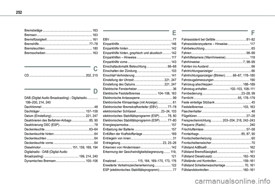 TOYOTA PROACE CITY VERSO 2020 Betriebsanleitungen (in German) 252
Bremsbeläge 163Bremsen 163Bremsflüssigkeit 161Bremshilfe 77–78Bremsleuchten 180Bremsscheiben 163
C
CD 202, 215
D
DAB (Digital Audio Broadcasting) - Digitalradio 199–200, 214, TOYOTA PROACE CITY VERSO 2020 Betriebsanleitungen (in German) 252
Bremsbeläge 163Bremsen 163Bremsflüssigkeit 161Bremshilfe 77–78Bremsleuchten 180Bremsscheiben 163
C
CD 202, 215
D
DAB (Digital Audio Broadcasting) - Digitalradio 199–200, 214,