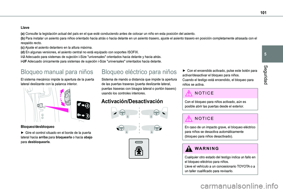 TOYOTA PROACE CITY VERSO 2020  Manuale de Empleo (in Spanish) 101
Seguridad
5
Llave
(a) Consulte la legislación actual del país en el que esté conduci\
endo antes de colocar un niño en esta posición del asiento.(b) Para instalar un asiento para niños orien