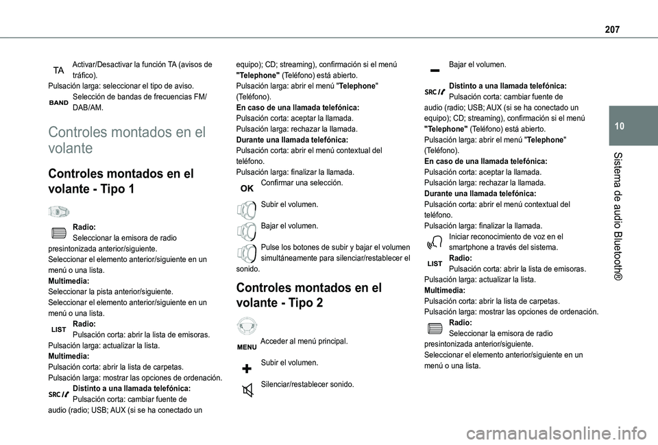 TOYOTA PROACE CITY VERSO 2020  Manuale de Empleo (in Spanish) 207
Sistema de audio Bluetooth®
10
Activar/Desactivar la función TA (avisos de tráfico).Pulsación larga: seleccionar el tipo de aviso.Selección de bandas de frecuencias FM/DAB/AM.
Controles monta