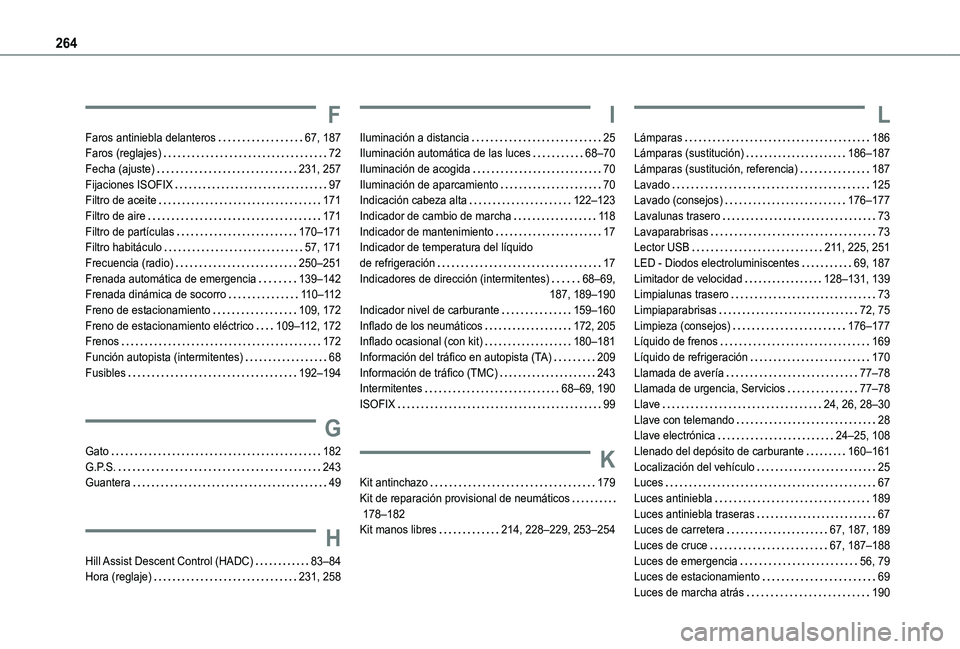 TOYOTA PROACE CITY VERSO 2020  Manuale de Empleo (in Spanish) 264
F
Faros antiniebla delanteros   67, 187Faros (reglajes)   72Fecha (ajuste)   231, 257Fijaciones ISOFIX   97Filtro de aceite   171Filtro de aire   171Filtro de partículas   170–171Filtro habitá